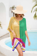 Contrast Scoop Neck Openwork Half Sleeve Cover Up - Ladyez