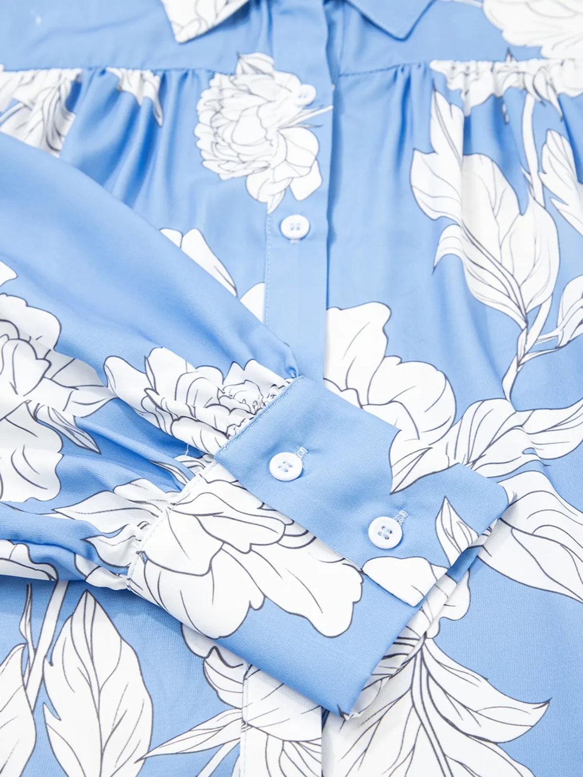 Floral Print Button Up Pleated Detail Puff Sleeve Shirt