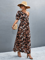 Printed Tie Waist One Shoulder Maxi Dress - Ladyez