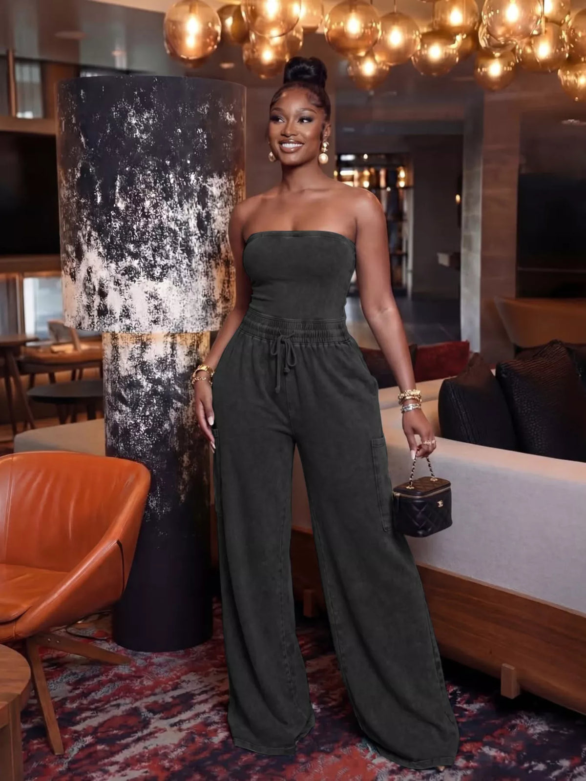 Drawstring Strapless Wide-Leg Jumpsuit
