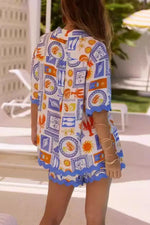 Bohemian Print Button Up Shirt and Shorts Set