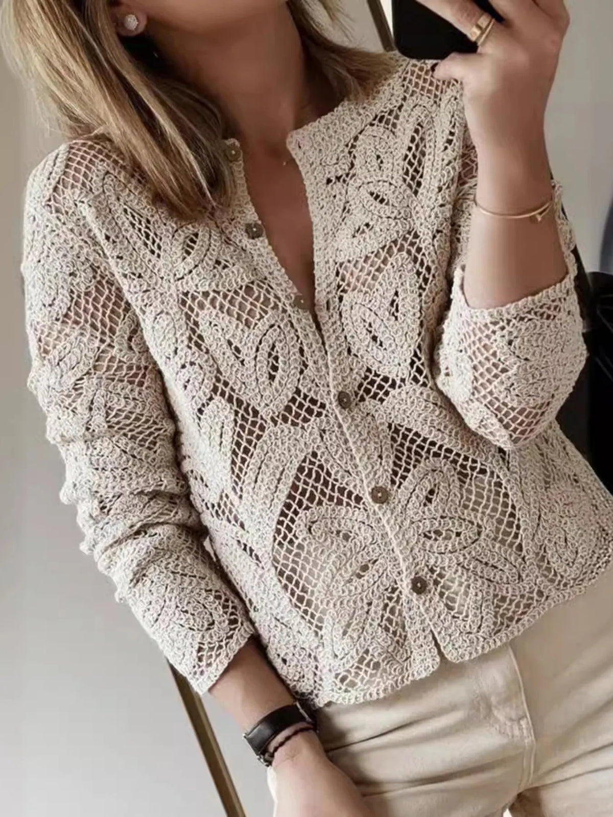 Lace Button-Up Long Sleeve Shirt - Ladyez