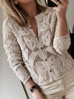 Lace Button-Up Long Sleeve Shirt - Ladyez
