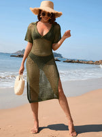 Slit Openwork Johnny Collar Short Sleeve Cover-Up - Ladyez