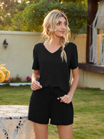 V-Neck Short Sleeve Top and Pocketed Shorts Lounge Set - Ladyez