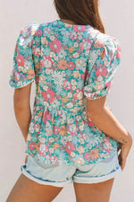 Multicolour Notched Neck Puff Short Sleeve Floral Blouse