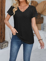 Eyelet Lace Detail V-Neck Short Sleeve Top