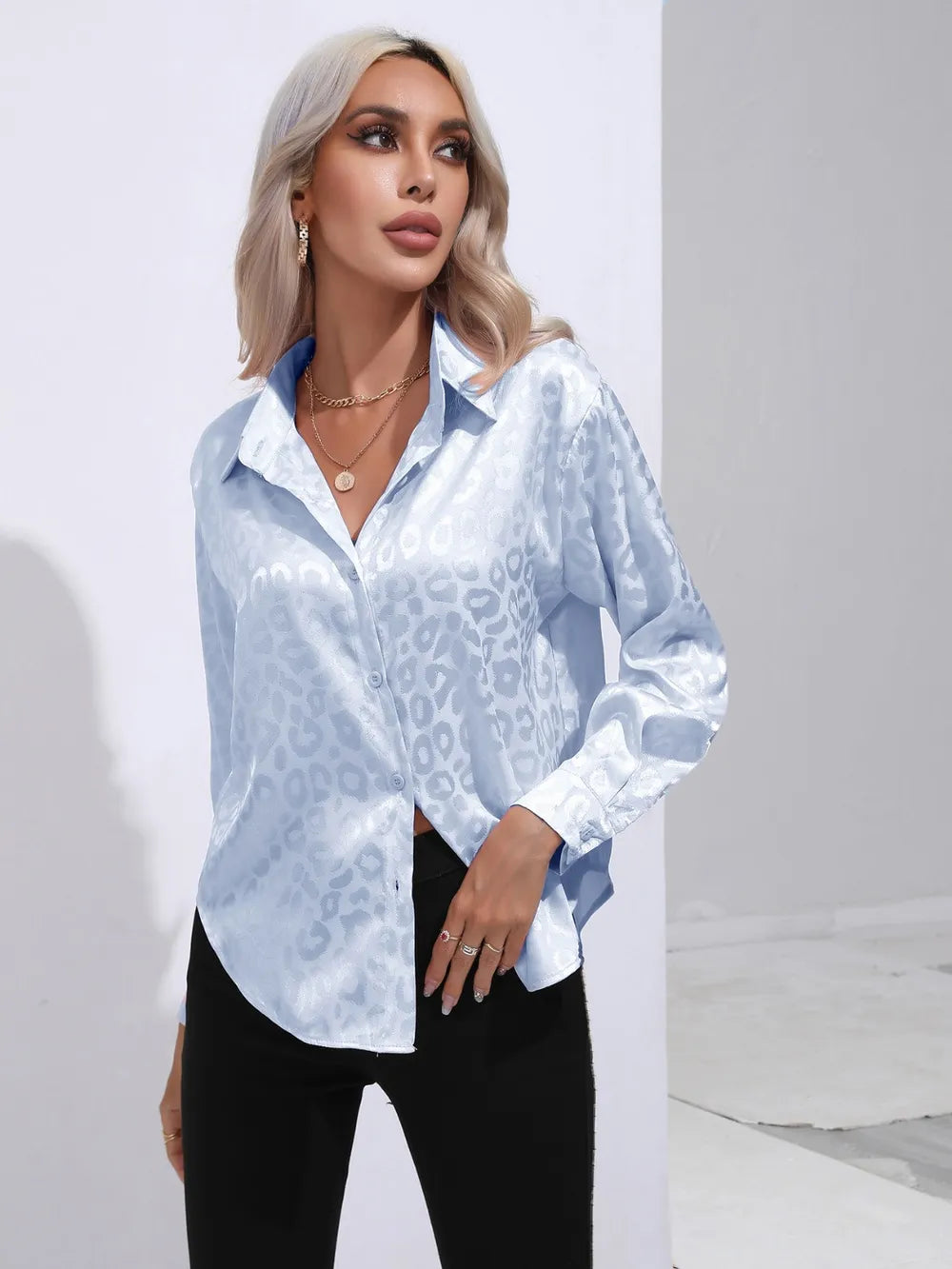 Leopard Collared Neck Long Sleeve Shirt