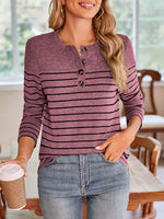 Lovelet Quarter Button Striped Round Neck Long Sleeve T-Shirt - Ladyez