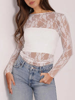 Mesh Floral Lace Long Sleeve T-Shirt - Ladyez