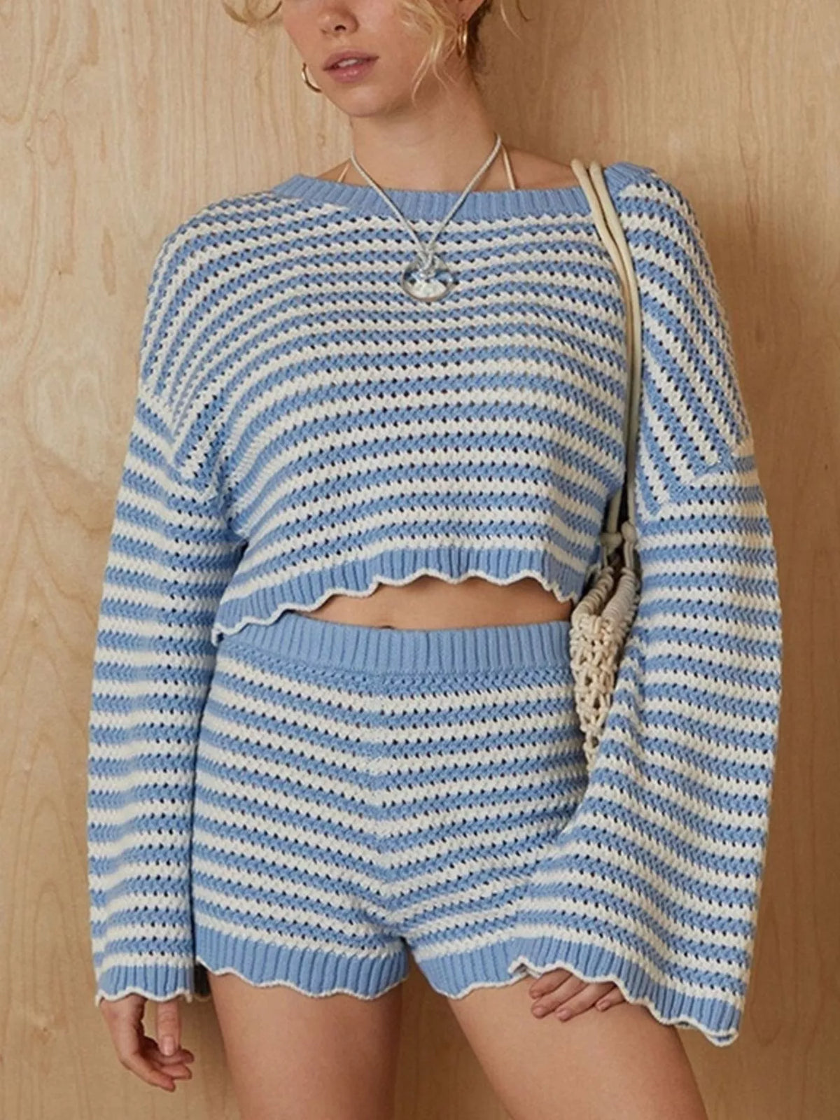 Scalloped Edges Striped Top and Shorts Set