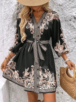 Printed V-Neck Balloon Sleeve Mini Dress