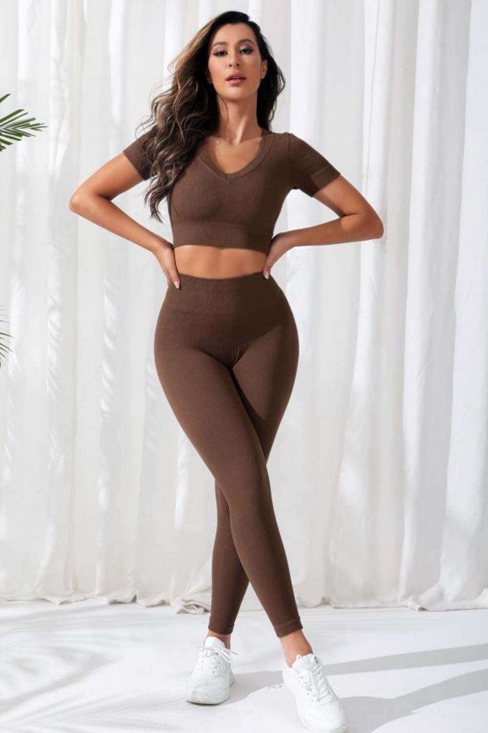 V-Neck Crop Top and High Waistband Long Active Pants - Ladyez