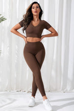 V-Neck Crop Top and High Waistband Long Active Pants - Ladyez