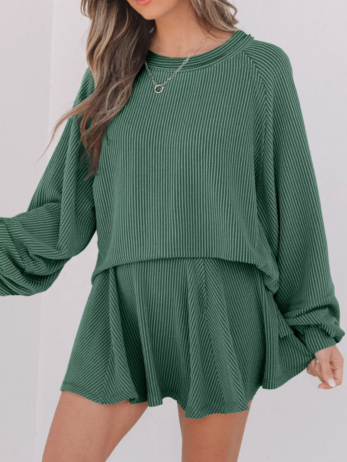 Corded Lantern Sleeve Top and High Waist Mini Skirt Set