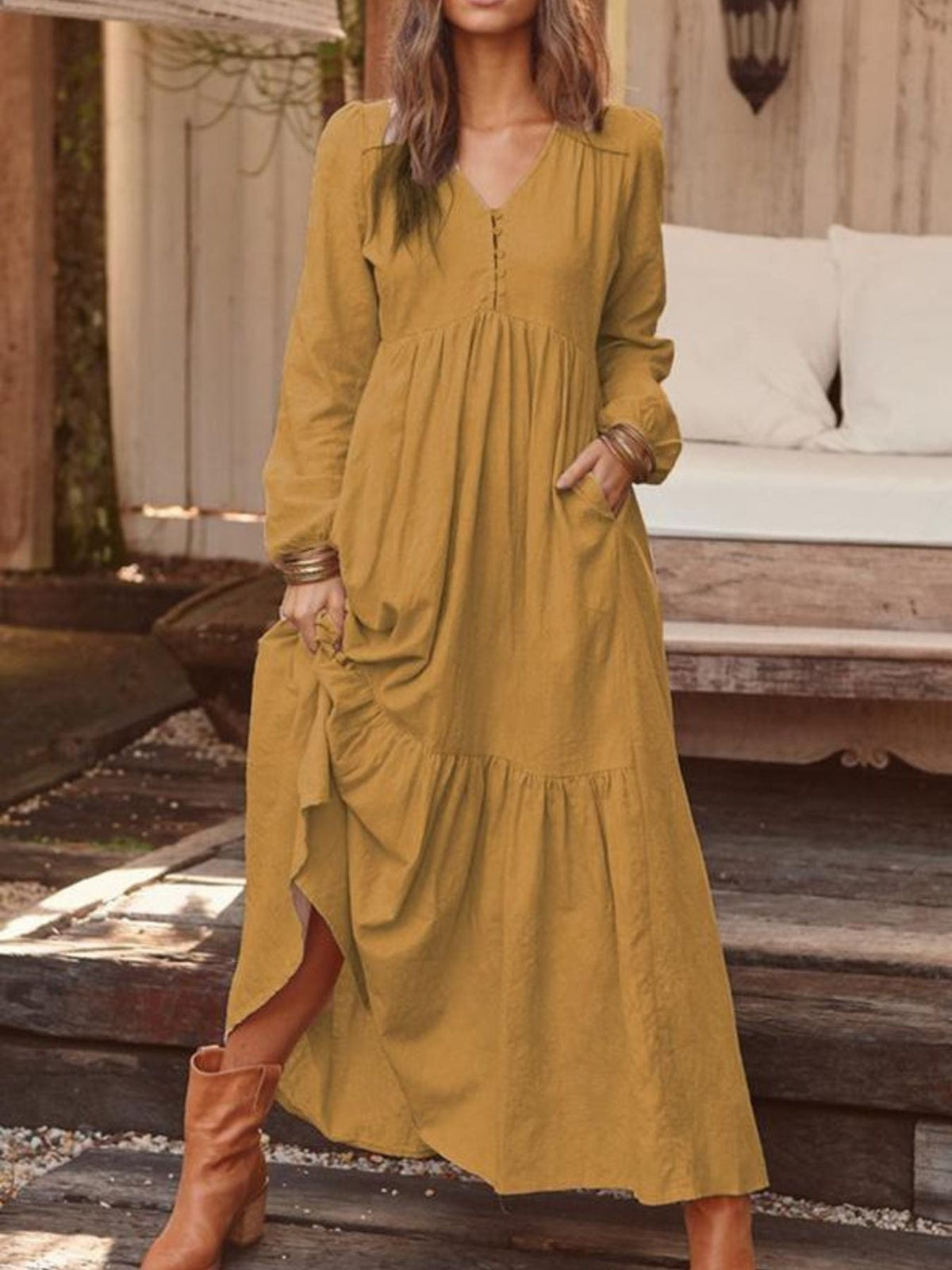 Full Size V-Neck Long Sleeve Tiered Maxi Dress Plus Size