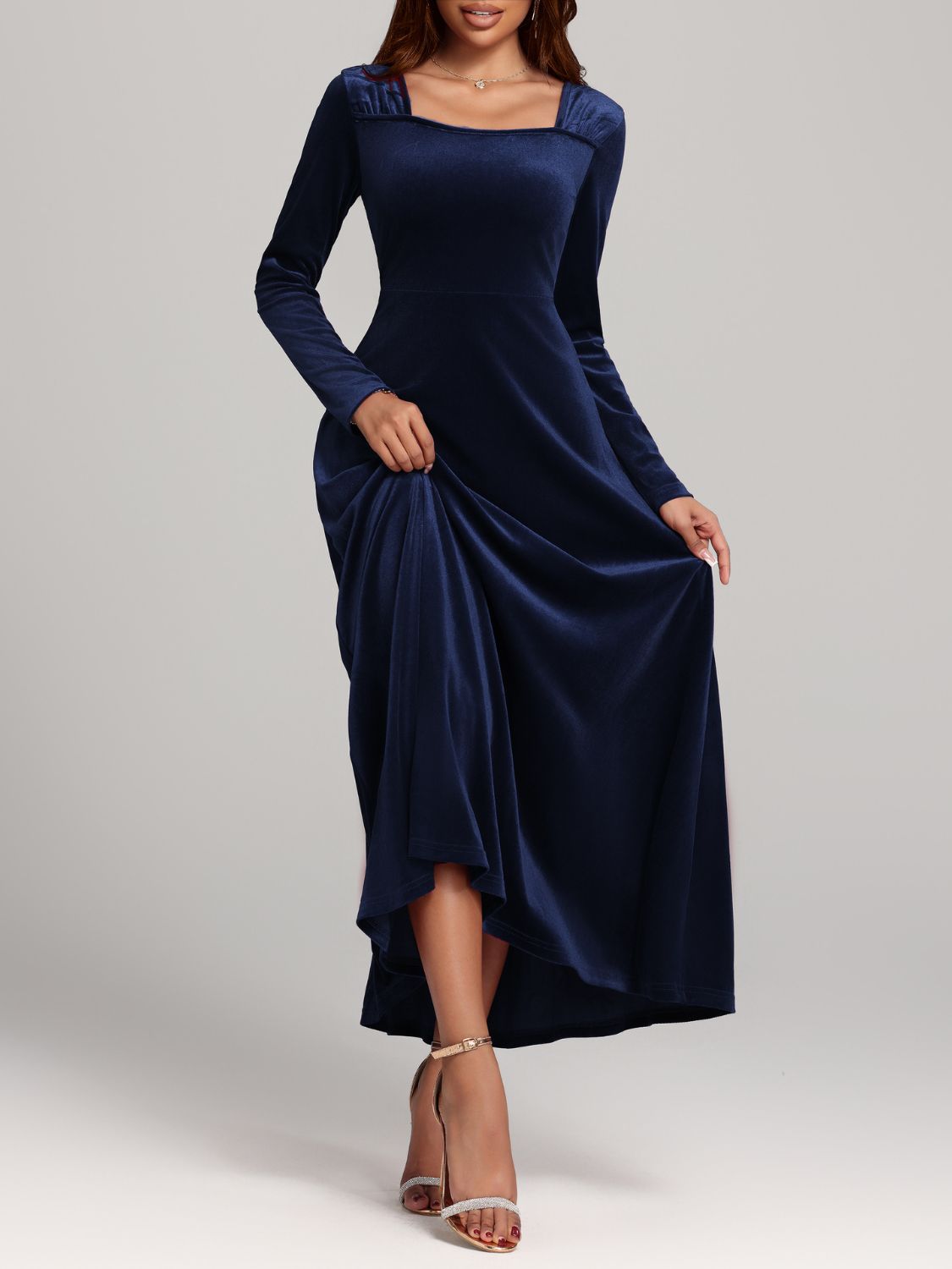 Square Neck Long Sleeve Velvet Dress - Ladyez