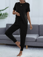 Shiny Round Neck Short Sleeve Top and Pants Set - Ladyez