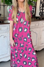 Leopard Slit V-Neck Short Sleeve Maxi Dress - Ladyez
