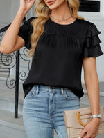 Smocked Round Neck Ruffled Layered Sleeve Blouse