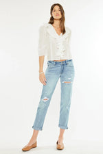 Kancan Mid Rise Distressed Boyfriend Fit Jeans - Ladyez