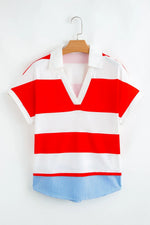 Stripe Collar V Neck Cuffed Dolman Short Sleeve Top