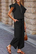 Textured Ruffled Sleeve Zipped Top and Wide Leg Pants Set