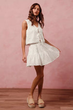 SO ME Floral Eyelet Lace Tie Front Vest Top and Tiered Mini Skirt Set
