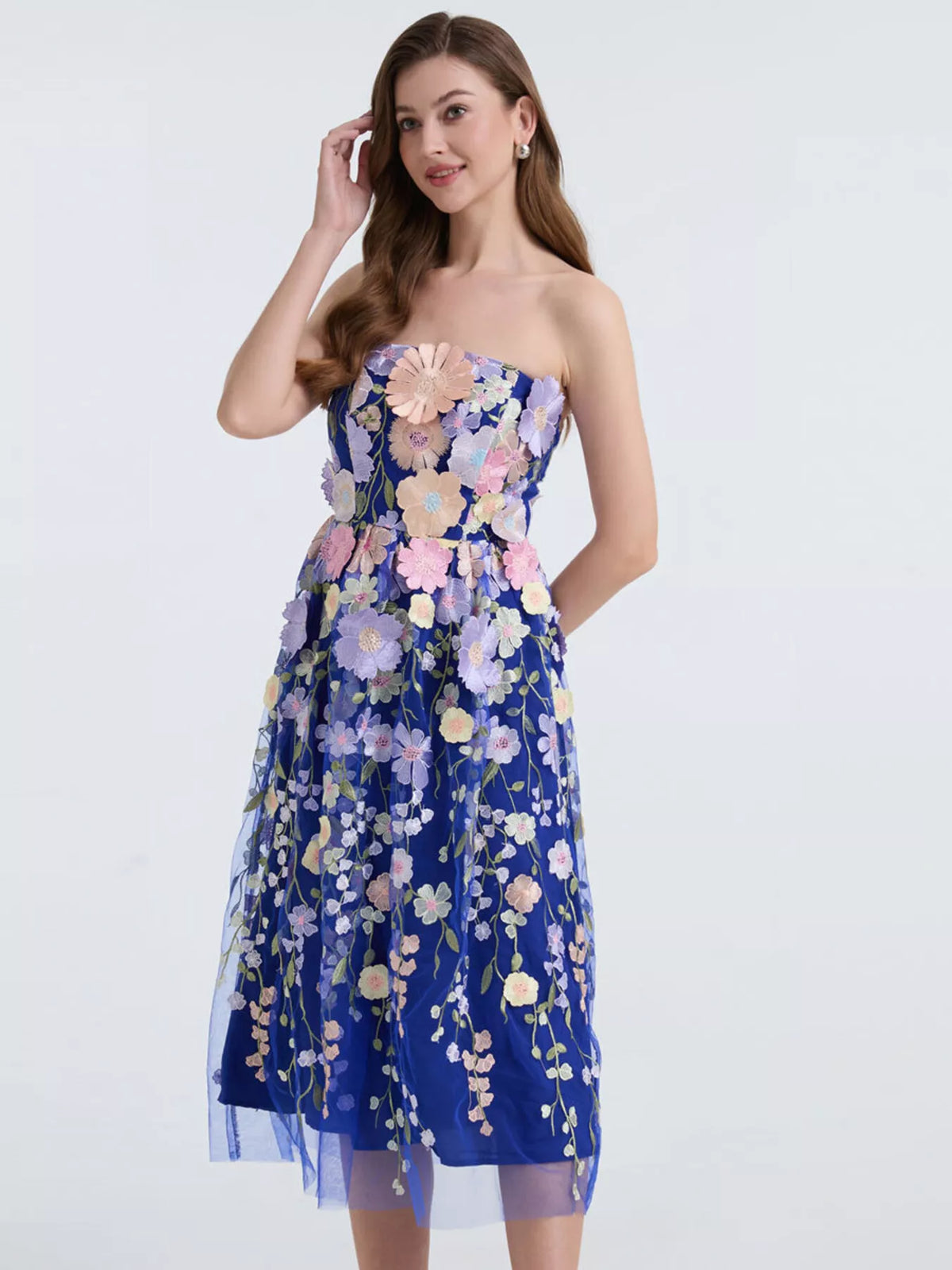 Floral Applique Strapless Midi Dress