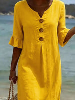 Full Size Button Decor Flounce Sleeve Dress Plus Size