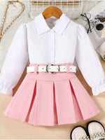 Children's Long Sleeve Shirt & Pleated Skirt Set with Belt