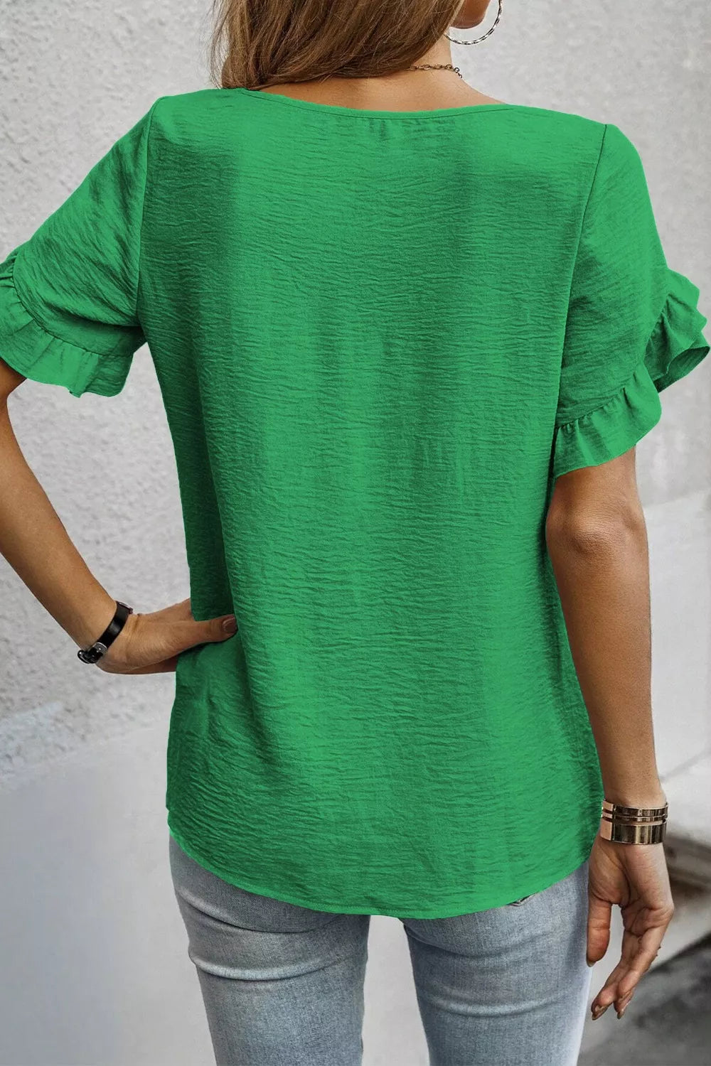 Solid Color Ruffle Trim Short Sleeve Blouse