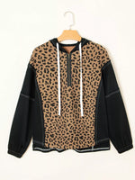 Leopard Patchwork Contrast Stitching Knotted Cuff Quarter Zip Hoodie