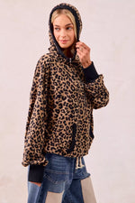 BiBi Leopard Print Waffle Half Zip Up Hoodie W Pocket