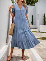 Notched Short Sleeve Tiered Midi Dress