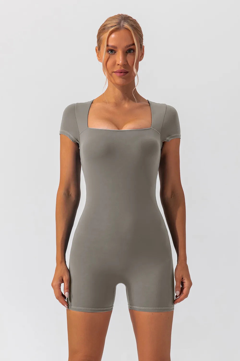 Square Neck Cap Sleeve Active Romper - Ladyez
