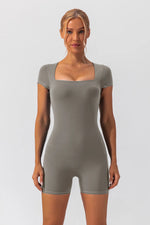 Square Neck Cap Sleeve Active Romper - Ladyez