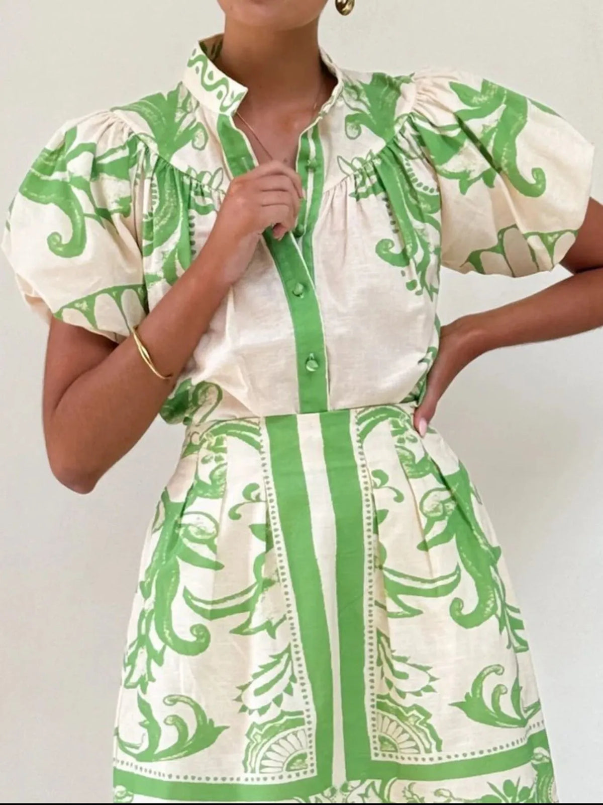 Puff Sleeve Printed Top and Zip Back Skirt Set - Ladyez