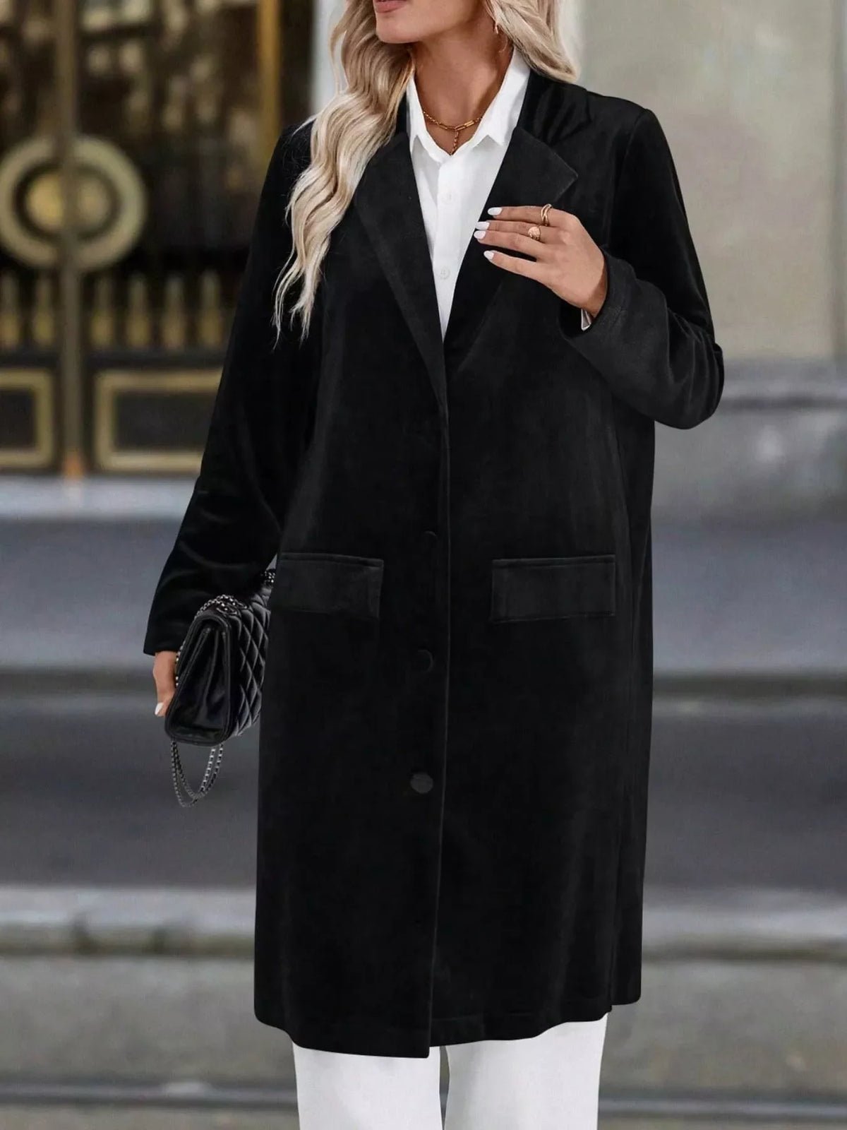 Lapel Collar Long Sleeve Longline Coat