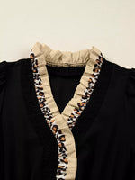 Contrast Leopard Frilled Trim V Neck Bracelet Sleeve Midi Dress