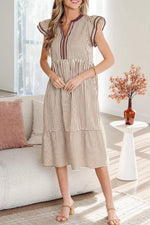 Stripe Plus Size Slit V Neck Tiered Flutter Sleeve Dress