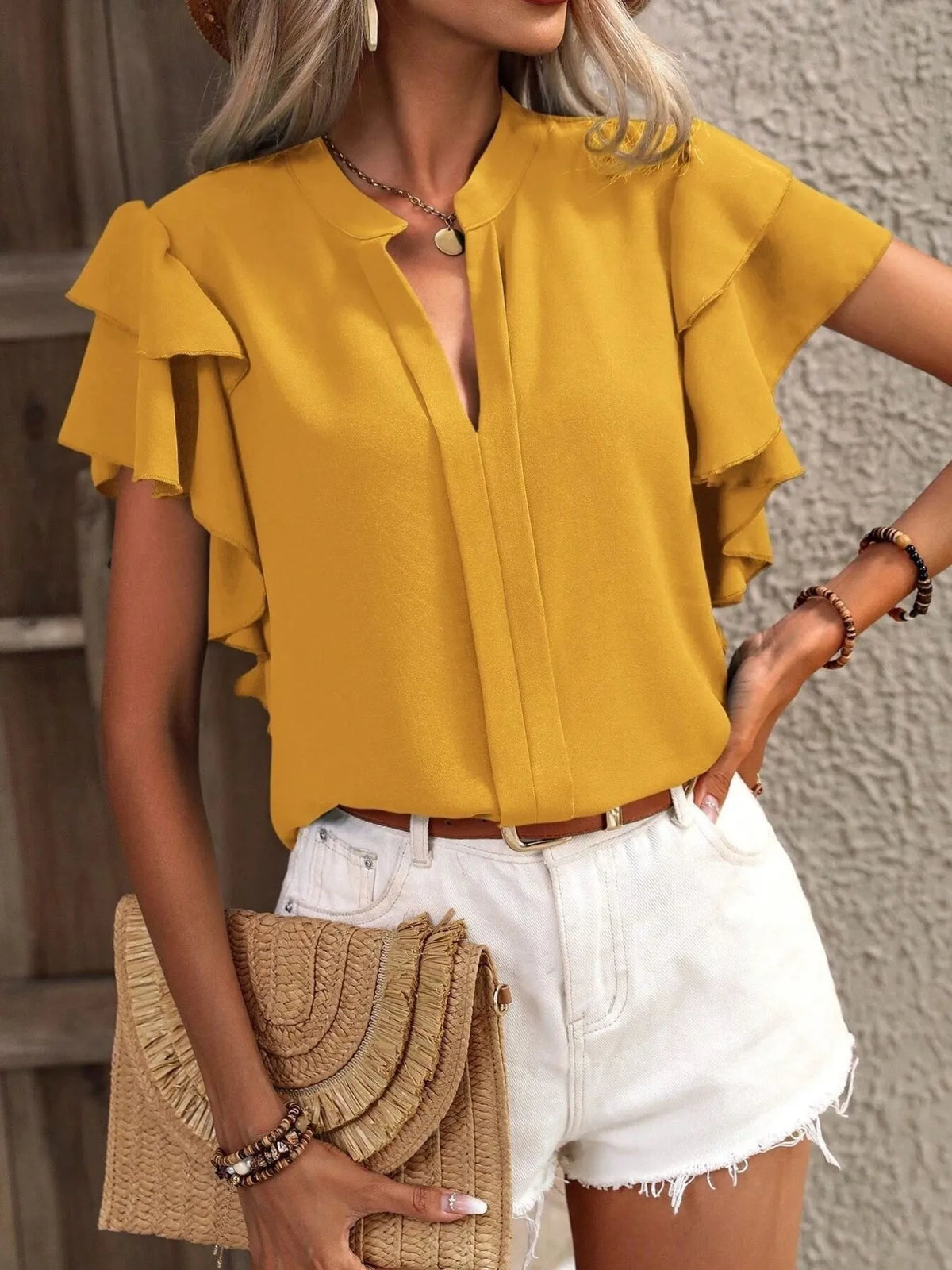 Ruffle Sleeve Notched Blouse - Ladyez
