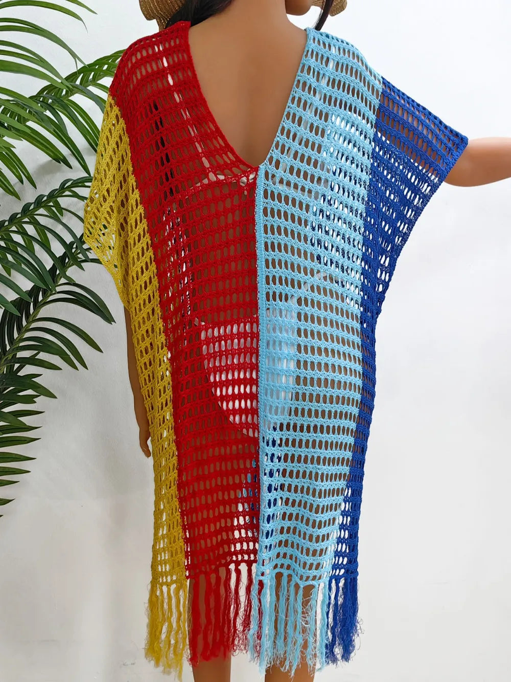 Fringe Color Block Scoop Neck Cover Up - Ladyez