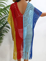 Fringe Color Block Scoop Neck Cover Up - Ladyez