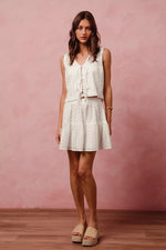 SO ME Floral Eyelet Lace Tie Front Vest Top and Tiered Mini Skirt Set