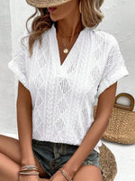 Openwork Notched Short Sleeve Blouse