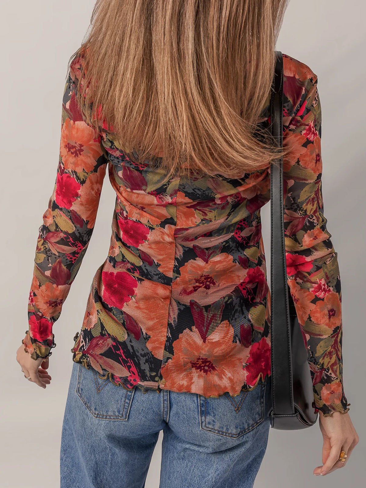 Multicolour Floral Print Lettuce Trim Long Sleeve Mesh Top - Ladyez