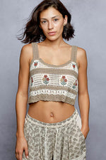 POL Floral Embroidered Cropped Crochet Cami with Scalloped Hem