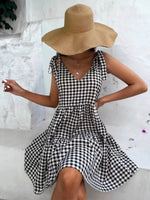 Gingham Tie-Shoulder Tiered Mini Dress