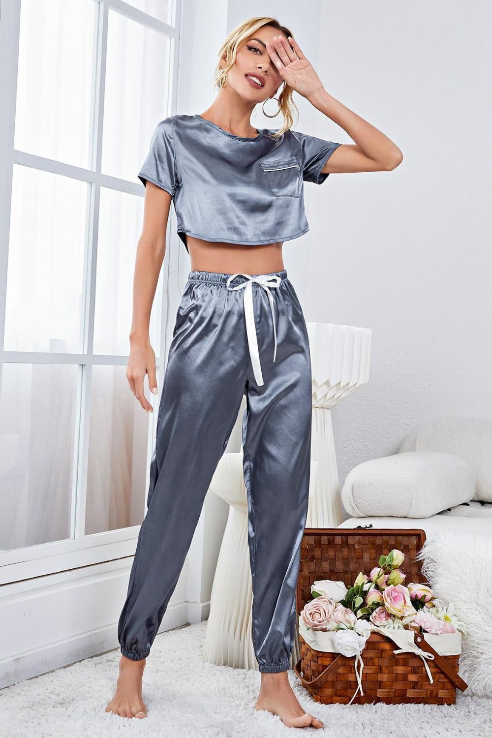 Satin Short Sleeve Crop Top and Joggers Lounge Set - Ladyez